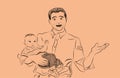 Vector illustration drawing of a joyful father with a baby son in her arms. Graphic work in black lines. The concept of fatherhood